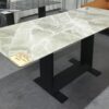 180CM LENGTH GLOSSY PIETRA GREEN DINING TABLE IN BLACK METAL LEG FRAME (DISPLAY SET)