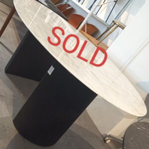 OVAL WHITE MARBLE DINING TABLE IN BLACK WOODEN SEMI-MOON SHAPE LEG FRAME (BRAND NEW DISPLAY SET)