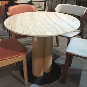 illum 90cm diameter Round Travertine Marble Dining Table with Wooden Cylinder Table Leg Frame (DISPLAY SET)